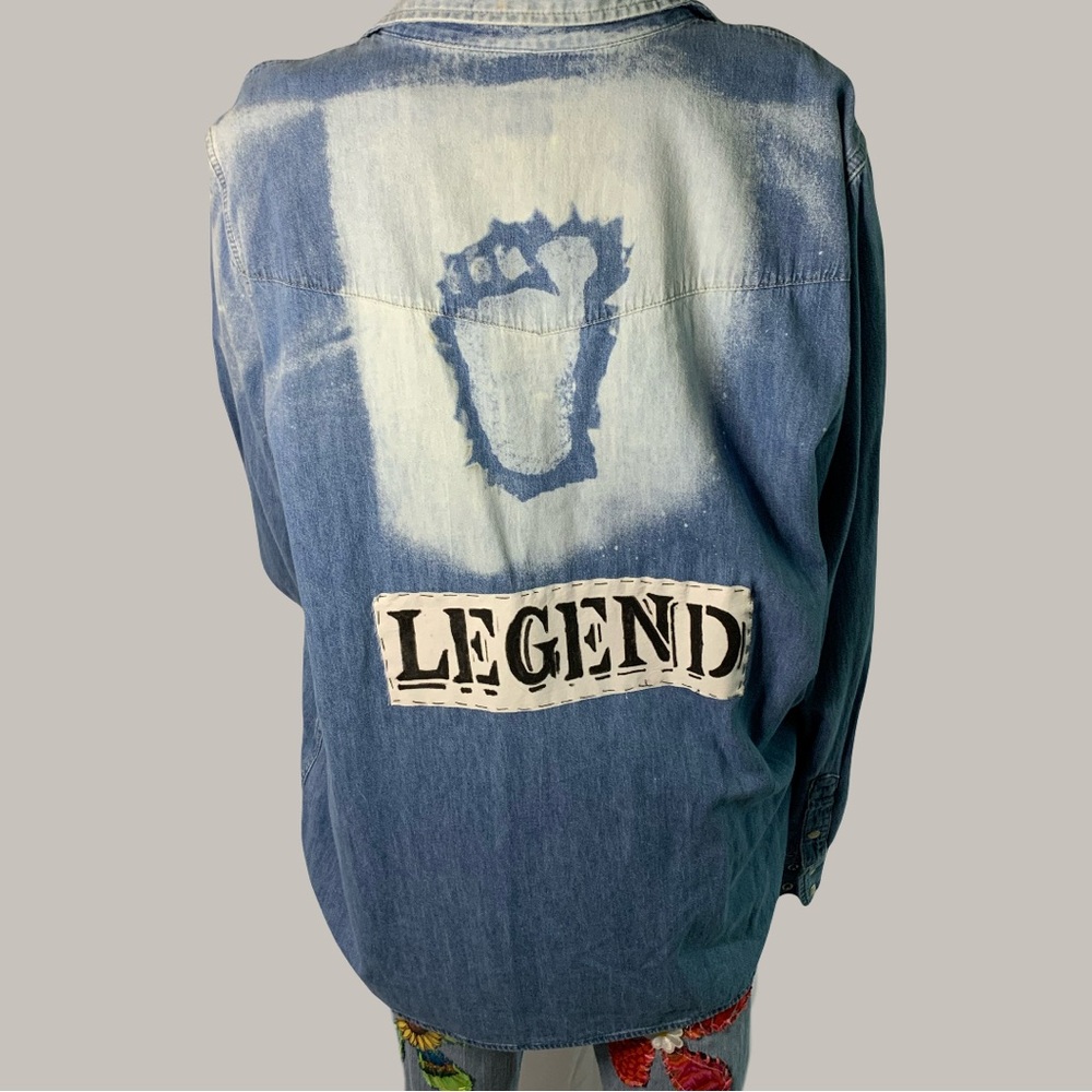 Upcycled Denim bleached Bigfoot or Sasquatch footprint button down shirt. - Picture 5 of 14